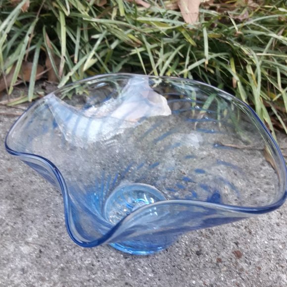 Murano Glass Art Bowl Bubbles Swirls of Blue Glass Clear Signed by Artist italy - Picture 13 of 16